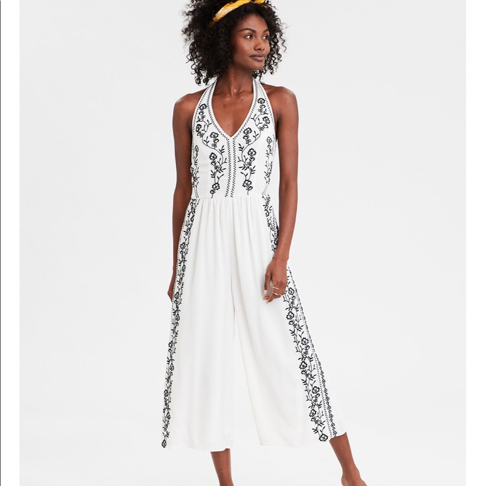 American Eagle Embroidered Halter Jumpsuit